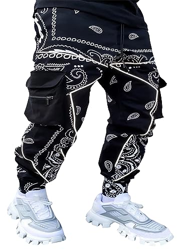 Herren Paisley Pants Cargo Jogger Hip Hop Workout Punk Pants Bandana Techwear Streetwear Sweatpants, Schwarz, X-Groß von MECH-ENG