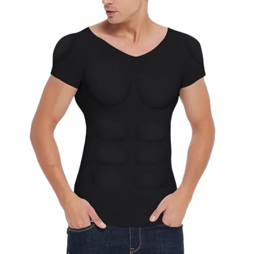 Männer-Muskel-Anzug Fake Brust Bauchmuskel Latissimus Dorsi Simulation Mästung Dünn Shapewear Abnehmbare Cosplay Bottoming Shirt(Schwarz,L) von MECKOZ