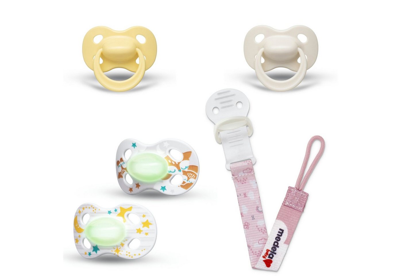 MEDELA Schnuller 2x Set Original Gelb Beige + Night Fuchs + Schnullerkette 6-18 von MEDELA