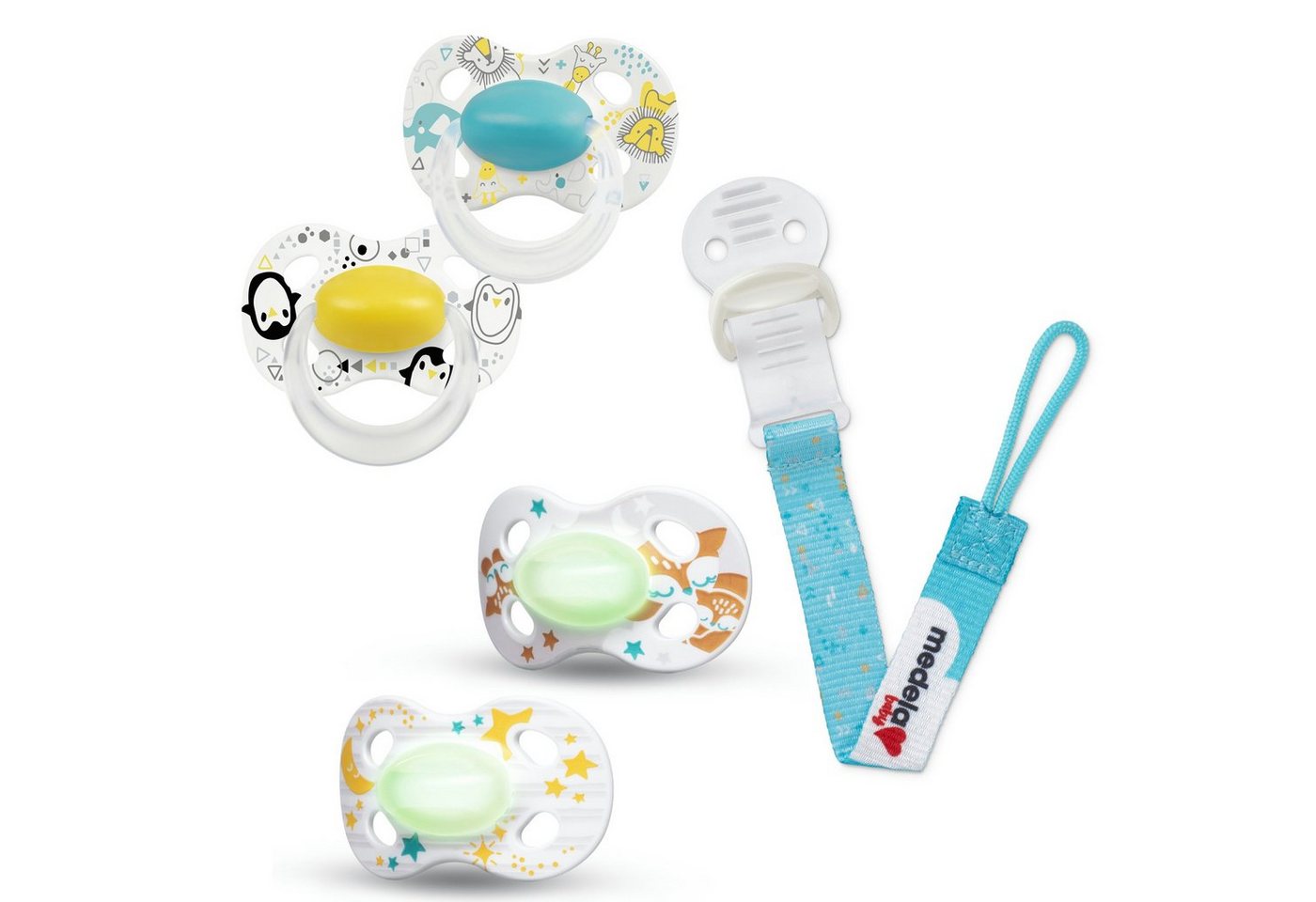 MEDELA Schnuller 2x Set Original Gelb Türkis + Night Fuchs + Schnullerkette 6-18 von MEDELA