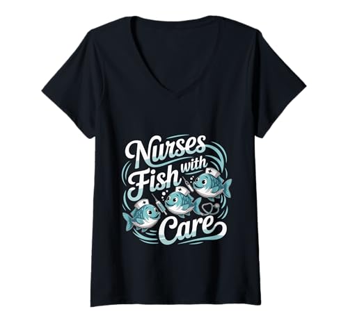 Damen Nurses Fish with Care Medizinische Witze Wortspiele - T-Shirt mit V-Ausschnitt Damen Nurses Fish with Care Medizinische Witze Wortspiele - T-Shirt mit V-Ausschnitt von MEDICAL FISCHING PRITCHE