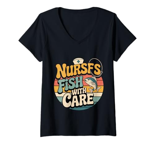 Damen Nurses Fish with Care Medizinische Witze Wortspiele - T-Shirt mit V-Ausschnitt Damen Nurses Fish with Care Medizinische Witze Wortspiele - T-Shirt mit V-Ausschnitt von MEDICAL FISCHING PRITCHE