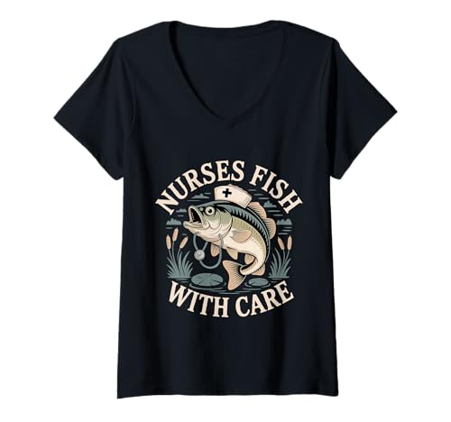 Damen Nurses Fish with Care Medizinische Witze Wortspiele |- T-Shirt mit V-Ausschnitt Damen Nurses Fish with Care Medizinische Witze Wortspiele |- T-Shirt mit V-Ausschnitt von MEDICAL FISCHING PRITCHE