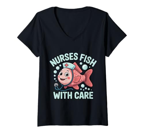 Damen Nurses Fish with Care Medizinische Witze Wortspiele - T-Shirt mit V-Ausschnitt Damen Nurses Fish with Care Medizinische Witze Wortspiele - T-Shirt mit V-Ausschnitt von MEDICAL FISCHING PRITCHE