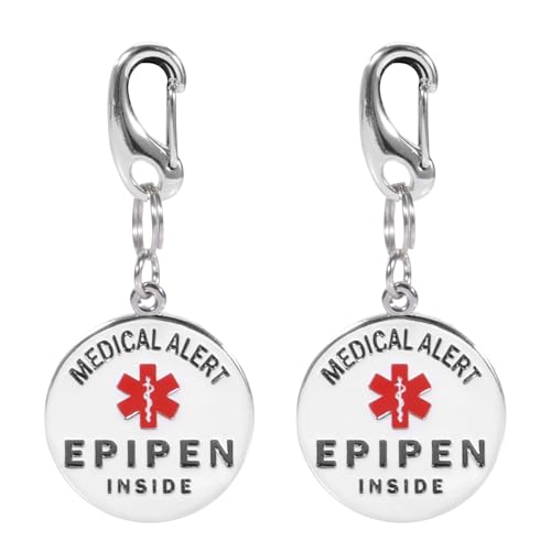 MEDMAX 2er Pack Epipen Inside Schlüsselanhänger mit Schnellclip, doppelseitiger medizinischer Warnanhänger aus Edelstahl für Diabetiker-Reise-Tragetasche, Medikamenten Organizer Tasche von MEDMAX