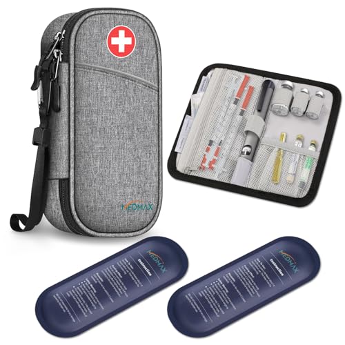 MEDMAX Insulin Kühltasche mit 2 Kühlakkus - Tragbare Diabetikertasche Wasserabweisend Isolierte Medikament Tasche Organizer Kühler Tasche für Insulin Pen und andere Diabetiker Zubehör (Grau) von MEDMAX