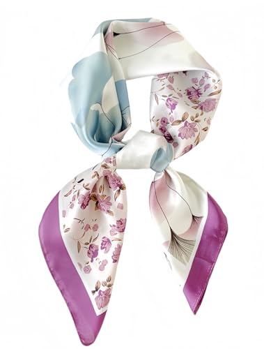 MEDUOLA Damen Halstuch aus Kunstseide Blumen und verschiedene Muster Druckschal Elegantes Accessoire 70CM x 70CM Quadratisches Tuch Ginkgo Lila von MEDUOLA
