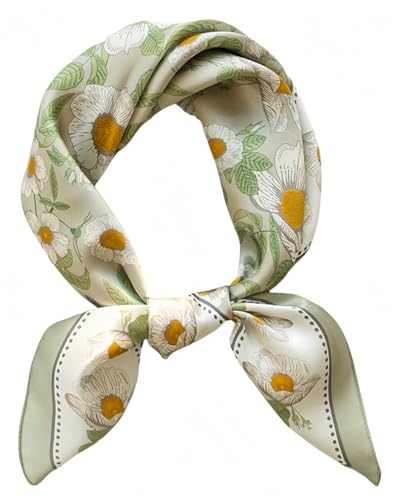 MEDUOLA Damen Halstuch aus Kunstseide Blumen und verschiedene Muster Druckschal Elegantes Accessoire 70CM x 70CM Quadratisches Tuch Grünes Gänseblümchen von MEDUOLA