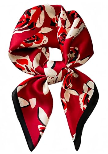 MEDUOLA Damen Halstuch aus Kunstseide Blumen und verschiedene Muster Druckschal Elegantes Accessoire 70CM x 70CM Quadratisches Tuch Rose Rot von MEDUOLA