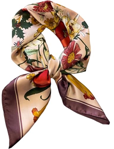 MEDUOLA Damen Halstuch aus Kunstseide Blumen und verschiedene Muster Druckschal Elegantes Accessoire 70CM x 70CM Quadratisches Tuch Üppige Blüte Braun von MEDUOLA