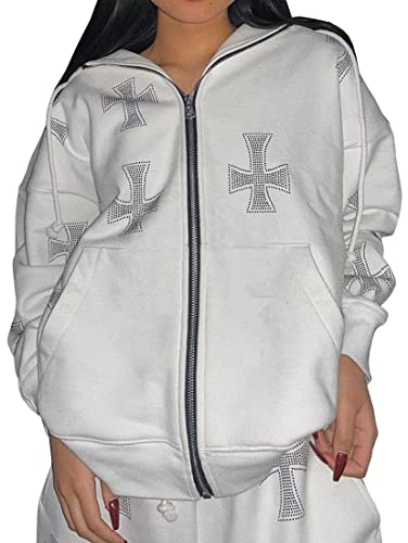 MEDUOLA Damen Kapuzenpullover Punk Sport Hip Hop Jogger Pullover 90er Jahre Streetwear Reißverschlussjacke XL,Bianco von MEDUOLA