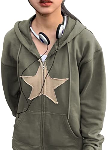 MEDUOLA Damen Kapuzenpullover mit Pentagramm-Patch Hoodie im Retro-Design Klassische Langarm-Fleece-Strickjacke mit Reißverschluss M,Grün von MEDUOLA