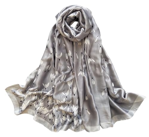 MEDUOLA Damen Schal 180x90 cm Kunstseide Scarf mit buntem Kutschen Blumen und Blätterdesign vielfach einsetzbar für jede Jahreszeit Blumen grau von MEDUOLA