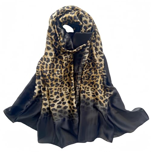 MEDUOLA Damen Schal 180x90 cm Kunstseide Scarf mit buntem Kutschen Blumen und Blätterdesign vielfach einsetzbar für jede Jahreszeit Leopard Schwarz von MEDUOLA