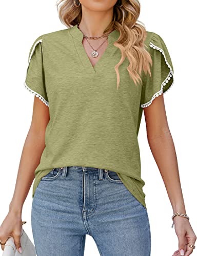 MEDUOLA Damen-T-Shirt Petal Sleeve Kurzer V-Ausschnitt erhältlich Sommer-T-Shirt Grün,L von MEDUOLA