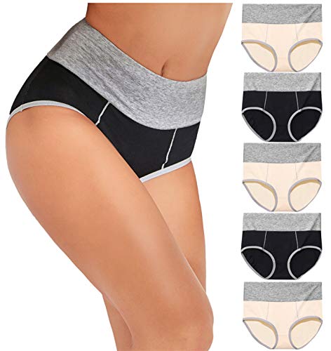 MEDUOLA Damen Taillenslip Baumwolle Unterhosen Hohe Taille Slip atmungsaktive Stretch Unterwäsche Schwarzundbeige-5 Pack,XXL von MEDUOLA