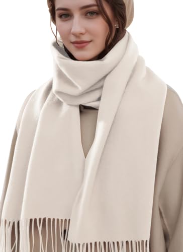 MEDUOLA Damen Winter Schal aus weichem angenehmem Material große einfarbige Pashmina mit fransen Pashmina Tücher und Umschläge Weiß B von MEDUOLA