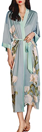 MEDUOLA Frauen Sommer Kimono gedruckt Satin Seide Lange Elegante Nachthemd Unicode,Blaue Blume von MEDUOLA