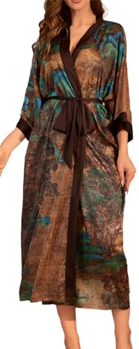 MEDUOLA Frauen Sommer Kimono gedruckt Satin Seide Lange Elegante Nachthemd Unicode,Chinesische Malerei von MEDUOLA
