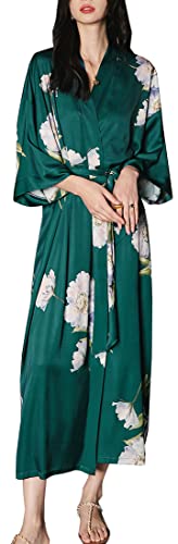 MEDUOLA Frauen Sommer Kimono gedruckt Satin Seide Lange Elegante Nachthemd Unicode,Dunkelgrüne Blume von MEDUOLA