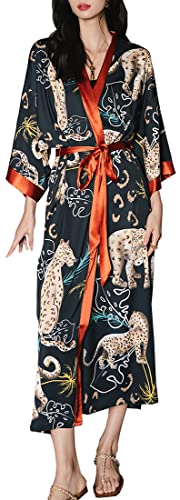 MEDUOLA Frauen Sommer Kimono gedruckt Satin Seide Lange Elegante Nachthemd Unicode,Leopard von MEDUOLA