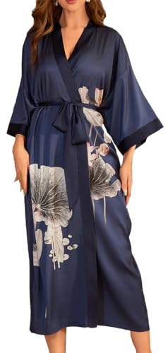 MEDUOLA Frauen Sommer Kimono gedruckt Satin Seide Lange Elegante Nachthemd Unicode,Lotus-Motiv von MEDUOLA