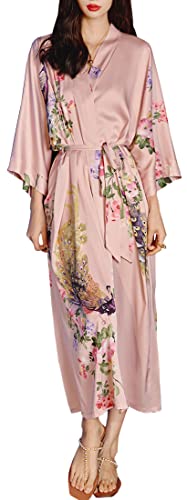 MEDUOLA Frauen Sommer Kimono gedruckt Satin Seide Lange Elegante Nachthemd Unicode,Rosa Pfau von MEDUOLA