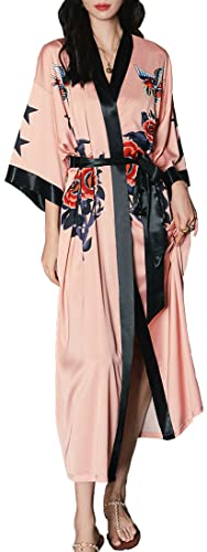 MEDUOLA Frauen Sommer Kimono gedruckt Satin Seide Lange Elegante Nachthemd Unicode,Rosen und Vögel von MEDUOLA