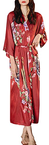 MEDUOLA Frauen Sommer Kimono gedruckt Satin Seide lange elegante Nachthemd Unicode,Roter Pfau von MEDUOLA