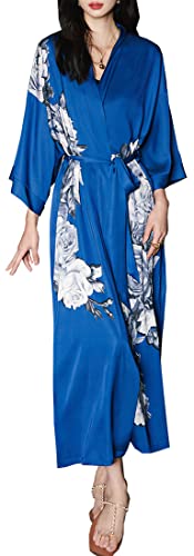 MEDUOLA Frauen Sommer Kimono gedruckt Satin Seide Lange Elegante Nachthemd Unicode,Blauer Saphir Blume von MEDUOLA