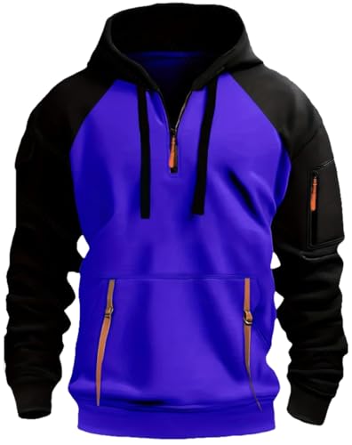 MEDUOLA Herren Farbblock Kapuzenpullover, Jugend oder Männer Half Zip Multi Pocket Hooded Sweatshirt M,Blau von MEDUOLA