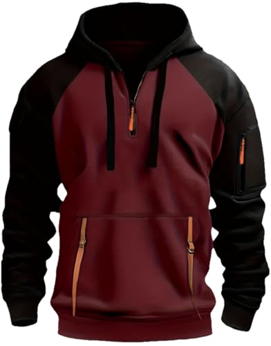 MEDUOLA Herren Farbblock Kapuzenpullover, Jugend oder Männer Half Zip Multi Pocket Hooded Sweatshirt XL,Burgunderrot von MEDUOLA