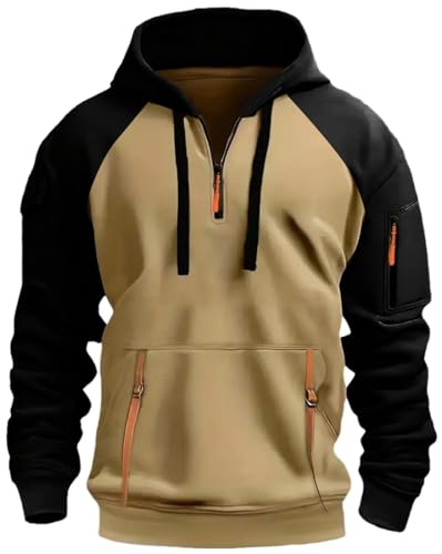 MEDUOLA Herren Farbblock Kapuzenpullover, Jugend oder Männer Half Zip Multi Pocket Hooded Sweatshirt XL,Khaki von MEDUOLA