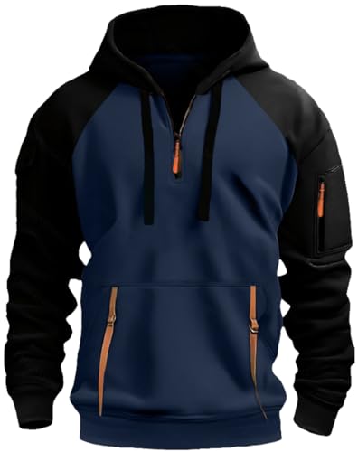 MEDUOLA Herren Farbblock Kapuzenpullover, Jugend oder Männer Half Zip Multi Pocket Hooded Sweatshirt XL,Marineblau von MEDUOLA