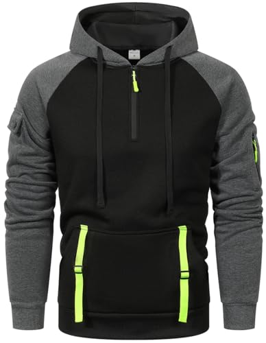MEDUOLA Herren Farbblock Kapuzenpullover, Jugend oder Männer Half Zip Multi Pocket Hooded Sweatshirt XXL,Schwarz von MEDUOLA