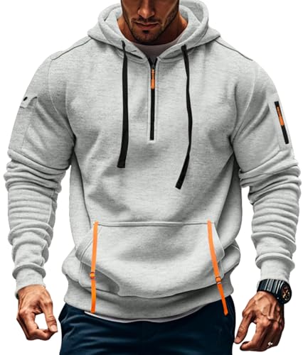MEDUOLA Herren Kapuzenpullover Sweatshirt mit Reißverschluss Jungen und Herren Sweatshirt mit Reißverschluss Multifunktionelle Tasche Sweatshirt mit Kapuze Jogging Pullover 4XL,Hellgrau von MEDUOLA