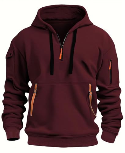 MEDUOLA Herren Kapuzenpullover Sweatshirt mit Reißverschluss Jungen und Herren Sweatshirt mit Reißverschluss Multifunktionelle Tasche Sweatshirt mit Kapuze Jogging Pullover 4XL,Rot von MEDUOLA