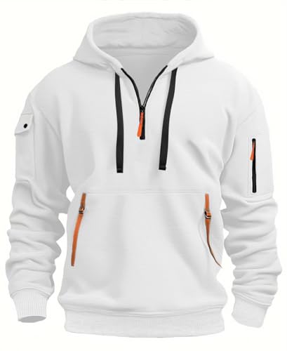 MEDUOLA Herren Kapuzenpullover Sweatshirt mit Reißverschluss Jungen und Herren Sweatshirt mit Reißverschluss Multifunktionelle Tasche Sweatshirt mit Kapuze Jogging Pullover 5XL,Weiß von MEDUOLA