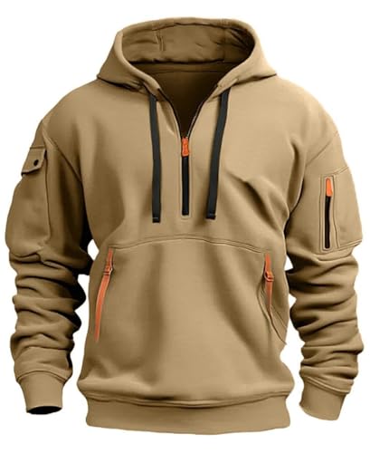MEDUOLA Herren Kapuzenpullover Sweatshirt mit Reißverschluss Jungen und Herren Sweatshirt mit Reißverschluss Multifunktionelle Tasche Sweatshirt mit Kapuze Jogging Pullover XL,Khaki von MEDUOLA
