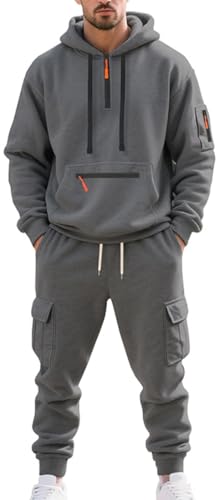 MEDUOLA Herren Kapuzenpullover mit vielen Taschen Y2K Street Style Hoodie und Jogginghose Set Männer Pullover mit Taschen Trainingsanzüge L,Dunkelgrau von MEDUOLA