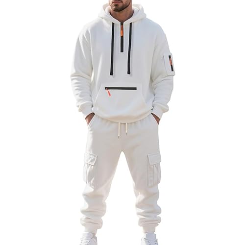 MEDUOLA Herren Kapuzenpullover mit vielen Taschen Y2K Street Style Hoodie und Jogginghose Set Männer Pullover mit Taschen Trainingsanzüge L,Weiß von MEDUOLA
