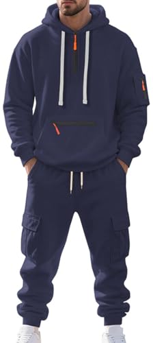 MEDUOLA Herren Kapuzenpullover mit vielen Taschen Y2K Street Style Hoodie und Jogginghose Set Männer Pullover mit Taschen Trainingsanzüge XXL,Marineblau von MEDUOLA