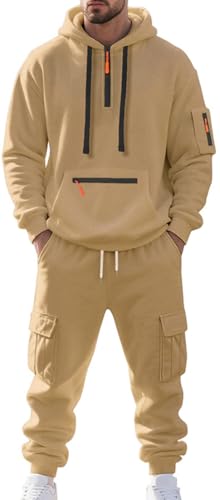 MEDUOLA Herren Kapuzenpullover und Hose 2-teiliges Set, Y2K Street Style Hoodie und Jogginghose Set, Herren pullover mit Taschen Trainingsanzüge 3XL,Khaki von MEDUOLA