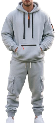 MEDUOLA Herren Kapuzenpullover und Hose 2-teiliges Set, Y2K Street Style Hoodie und Jogginghose Set, Herren pullover mit Taschen Trainingsanzüge XL,Hellgrau von MEDUOLA