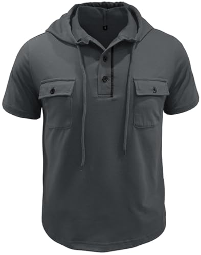 MEDUOLA Herren Kapuzenshirt Henry T-Shirt mit Brusttasche Kurzarm atmungsaktiv schweißabsorbierend schnelltrocknend in Mehreren Farben M,Dunkelgrau von MEDUOLA