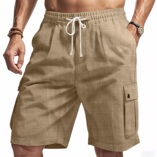 MEDUOLA Herren Leinen Shorts mit elastischem Bund und Taschen Komfortable atmungsaktive Shorts mit Kordelzug XXL,Khaki von MEDUOLA