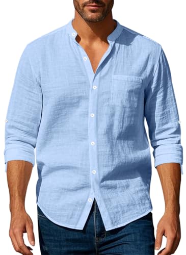 MEDUOLA Herren Leinenhemd Langarm Stehkragen Hemd Baumwoll Freizeithemd Leinenshirt Sommer Beach Casual Shirt mit Tasche 3XL,Hellblau von MEDUOLA
