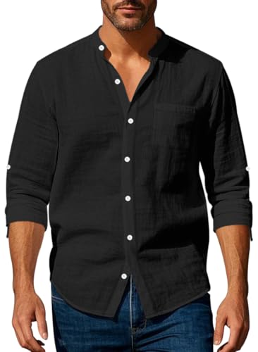MEDUOLA Herren Leinenhemd Langarm Stehkragen Hemd Baumwoll Freizeithemd Leinenshirt Sommer Beach Casual Shirt mit Tasche 3XL,Schwarz von MEDUOLA