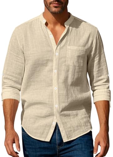 MEDUOLA Herren Leinenhemd Langarm Stehkragen Hemd Baumwoll Freizeithemd Leinenshirt Sommer Beach Casual Shirt mit Tasche L,Khaki von MEDUOLA