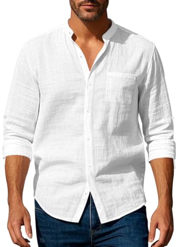 MEDUOLA Herren Leinenhemd Langarm Stehkragen Hemd Baumwoll Freizeithemd Leinenshirt Sommer Beach Casual Shirt mit Tasche M,Weiß von MEDUOLA